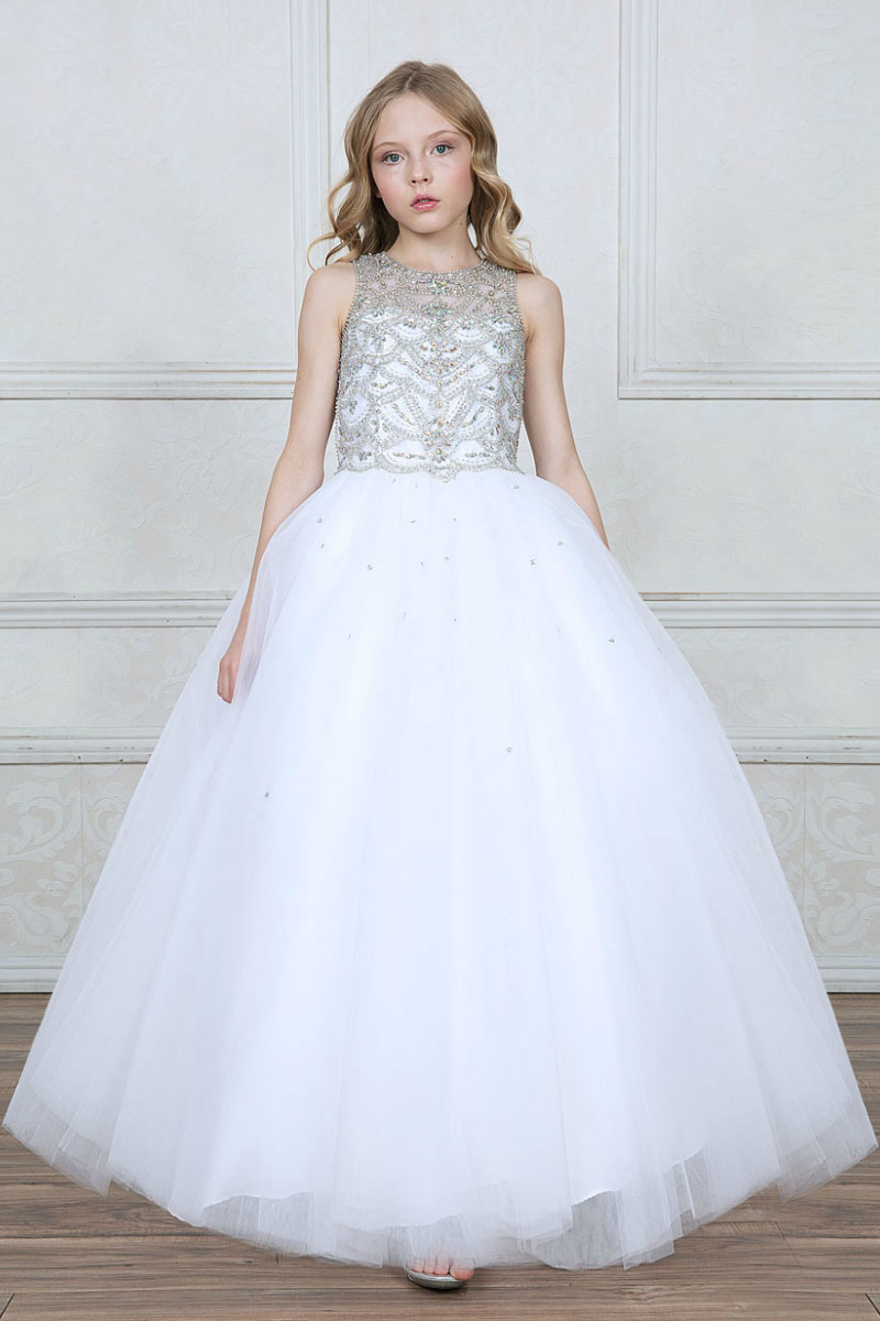 Girls Dress Style 0627218 White Floor-length Beading Bateau Ball Gown Dress in Choice of Colour