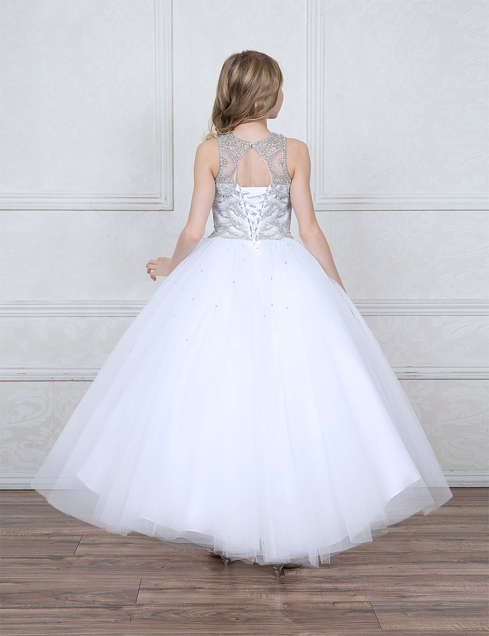 Girls Dress Style 0627218 White Floor-length Beading Bateau Ball Gown Dress in Choice of Colour