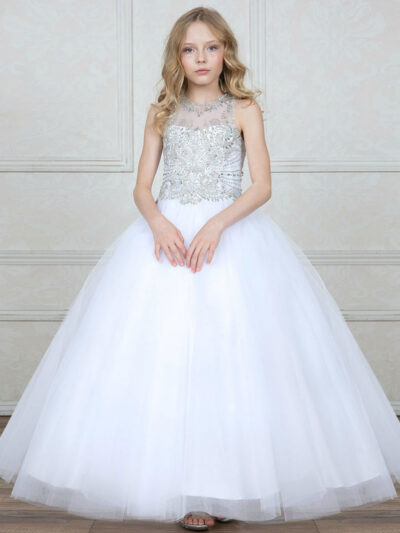 Girls Dress Style 0627318 White Floor-length Beading Bateau Ball Gown Dress in Choice of Colour