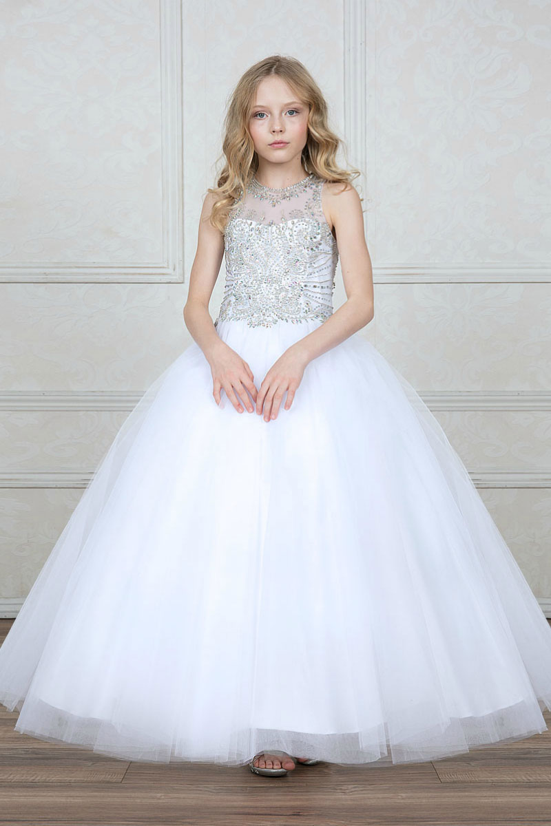 Girls Dress Style 0627318 White Floor-length Beading Bateau Ball Gown Dress in Choice of Colour