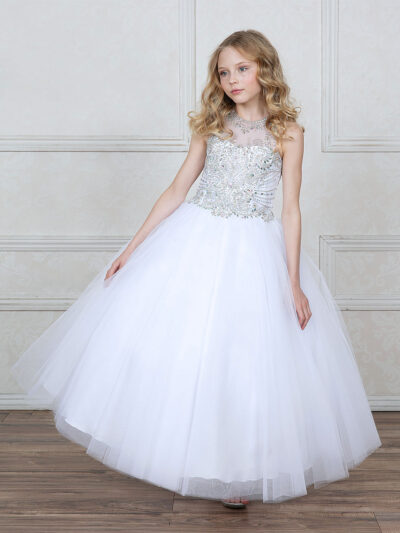 Girls Dress Style 0627318 White Floor-length Beading Bateau Ball Gown Dress in Choice of Colour