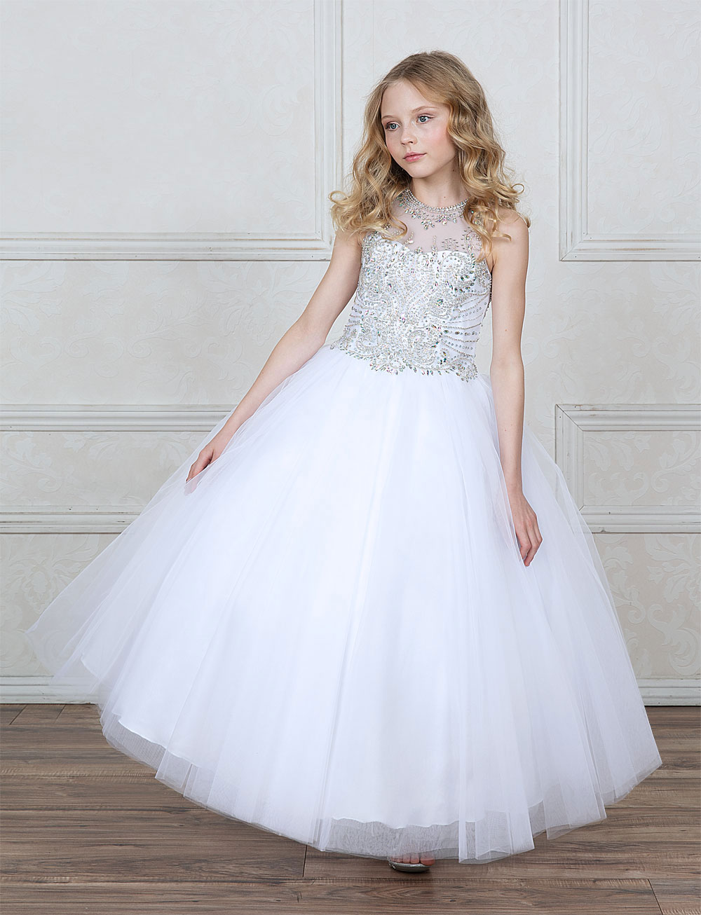 Girls Dress Style 0627318 White Floor-length Beading Bateau Ball Gown Dress in Choice of Colour