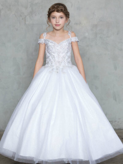 Girls Dress Style 0627418 Ivory Floor-length Beading V-neck A-line Dress in Choice of Colour