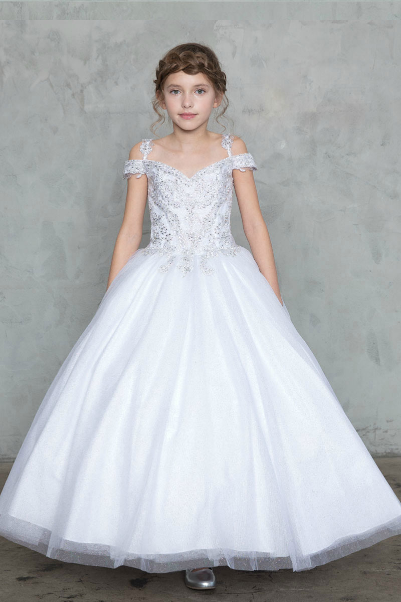 Girls Dress Style 0627418 Ivory Floor-length Beading V-neck A-line Dress in Choice of Colour