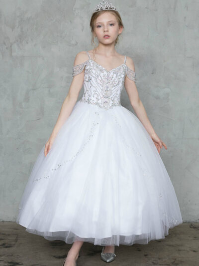 Girls Dress Style 0627618 Ivory Ankle Length Beading V-neck Ball Gown Dress in Choice of Colour