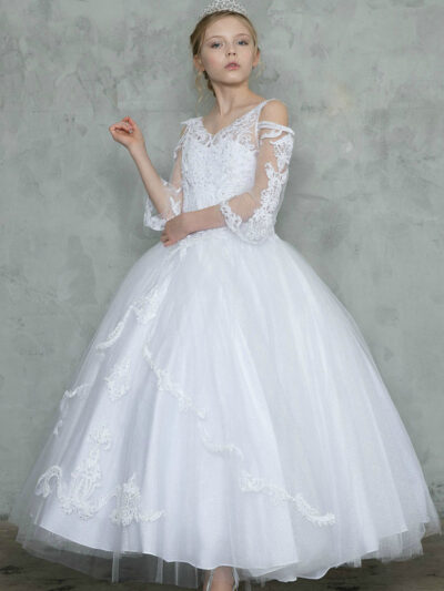 Girls Dress Style 0628018 Ivory Floor-length Lace V-neck Ball Gown Dress in Choice of Colour