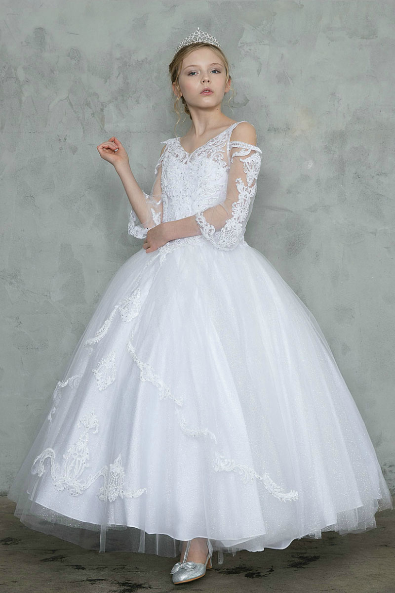 Girls Dress Style 0628018 Ivory Floor-length Lace V-neck Ball Gown Dress in Choice of Colour