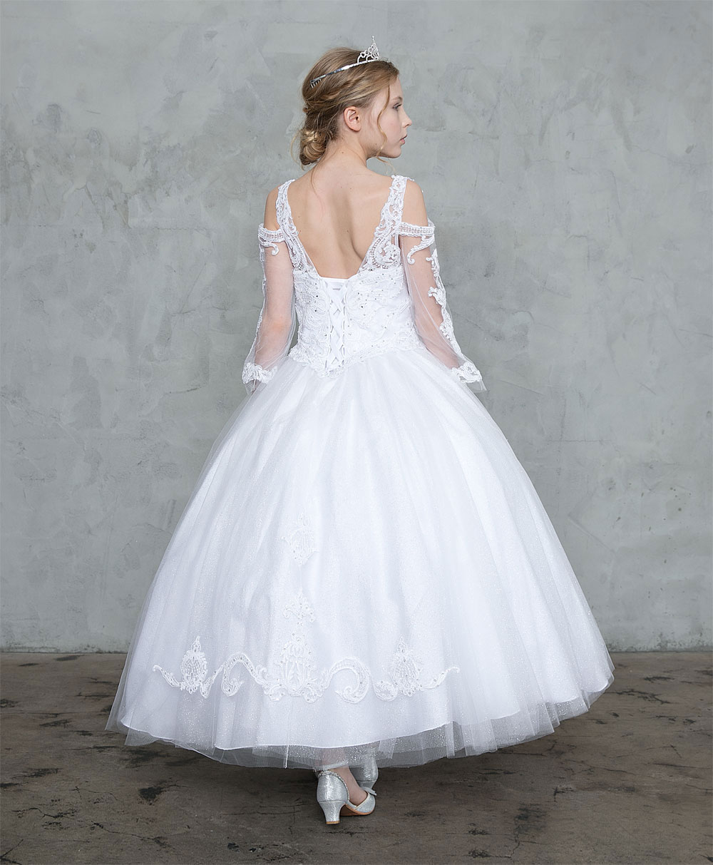 Girls Dress Style 0628018 Ivory Floor-length Lace V-neck Ball Gown Dress in Choice of Colour