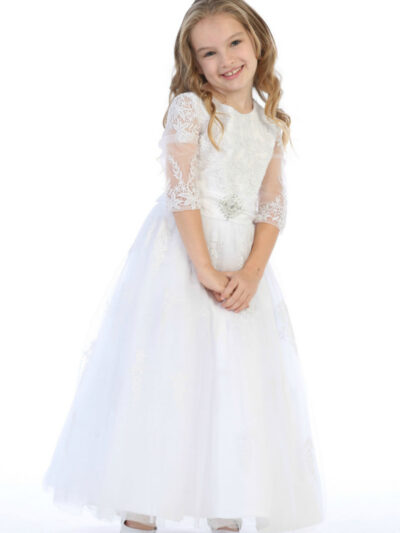 Girls Dress Style 062818 White Floor-length Lace Round A-line Dress in Choice of Colour