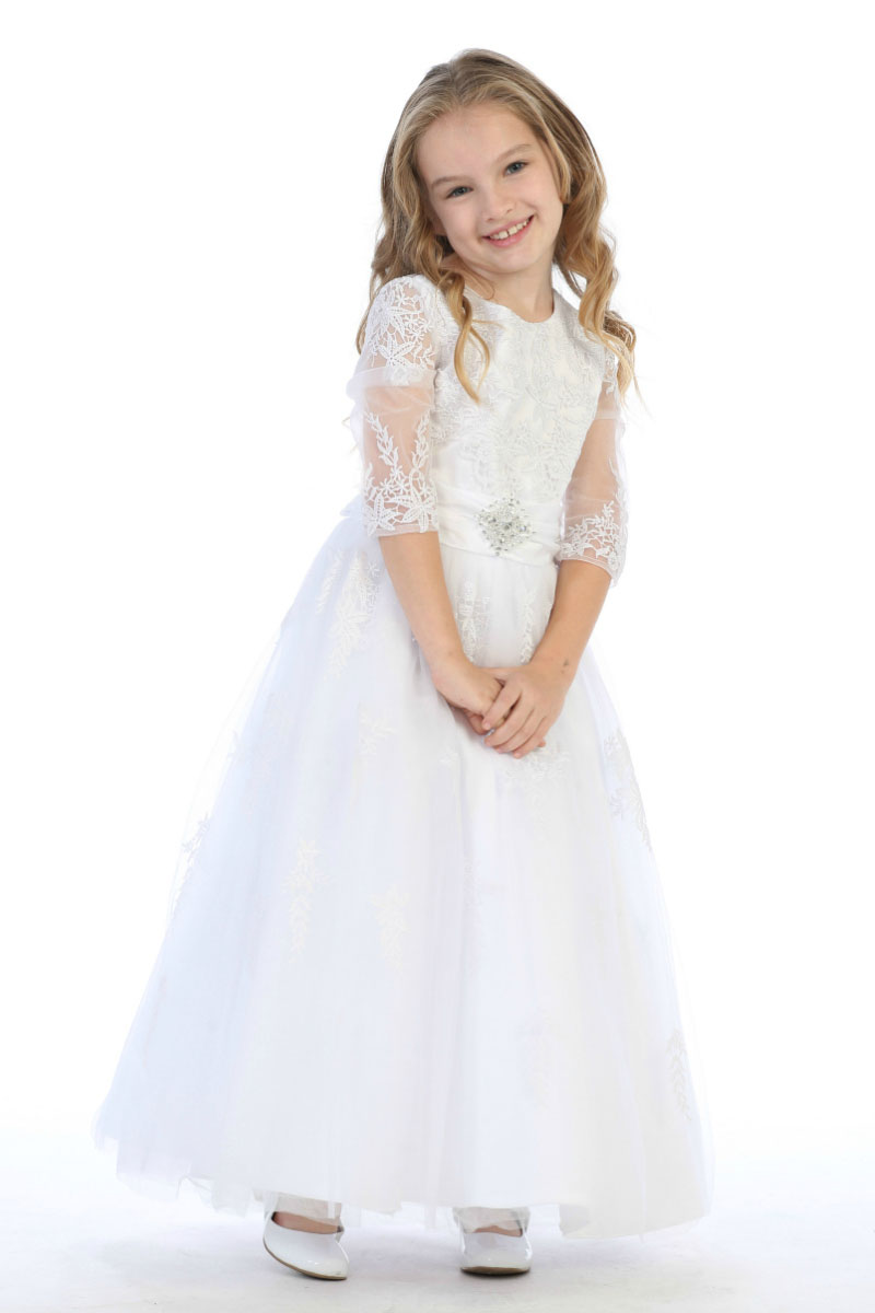 Girls Dress Style 062818 White Floor-length Lace Round A-line Dress in Choice of Colour