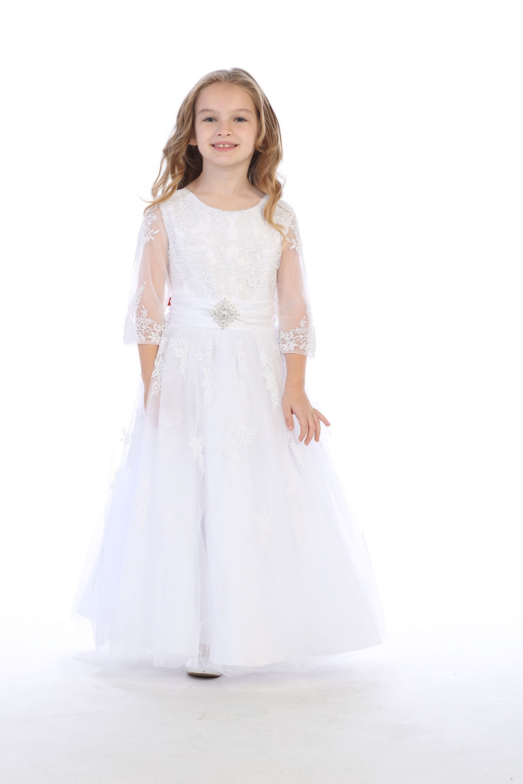 Girls Dress Style 062818 White Floor-length Lace Round A-line Dress in Choice of Colour