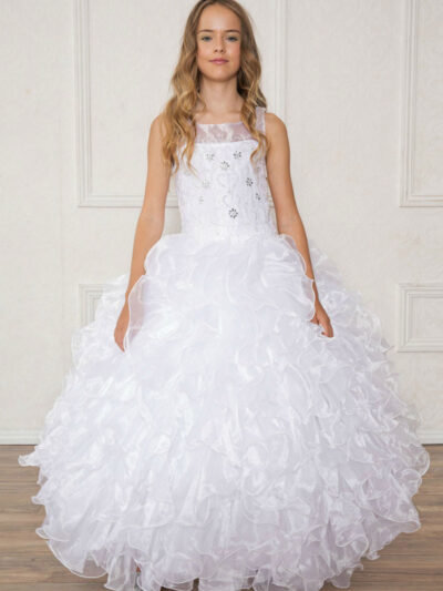 Girls Dress Style 0628218 White Floor-length Layers Bateau A-line Dress in Choice of Colour