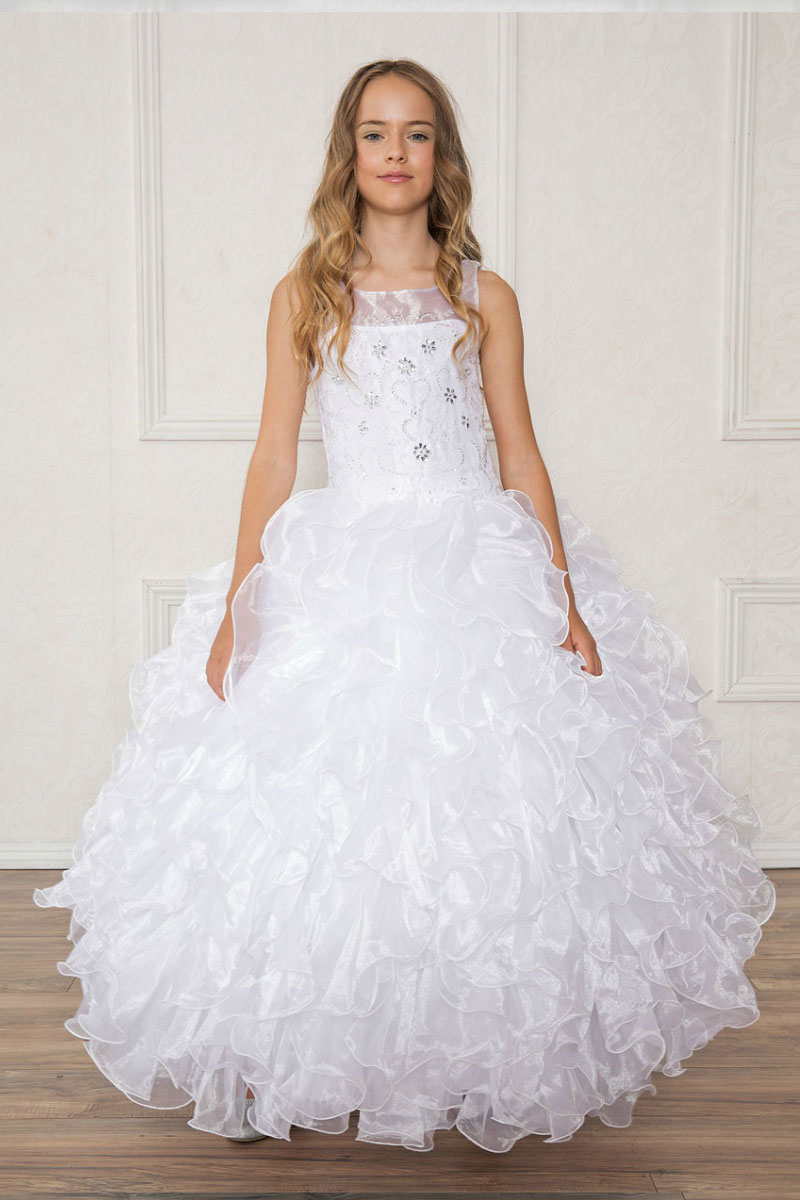Girls Dress Style 0628218 White Floor-length Layers Bateau A-line Dress in Choice of Colour