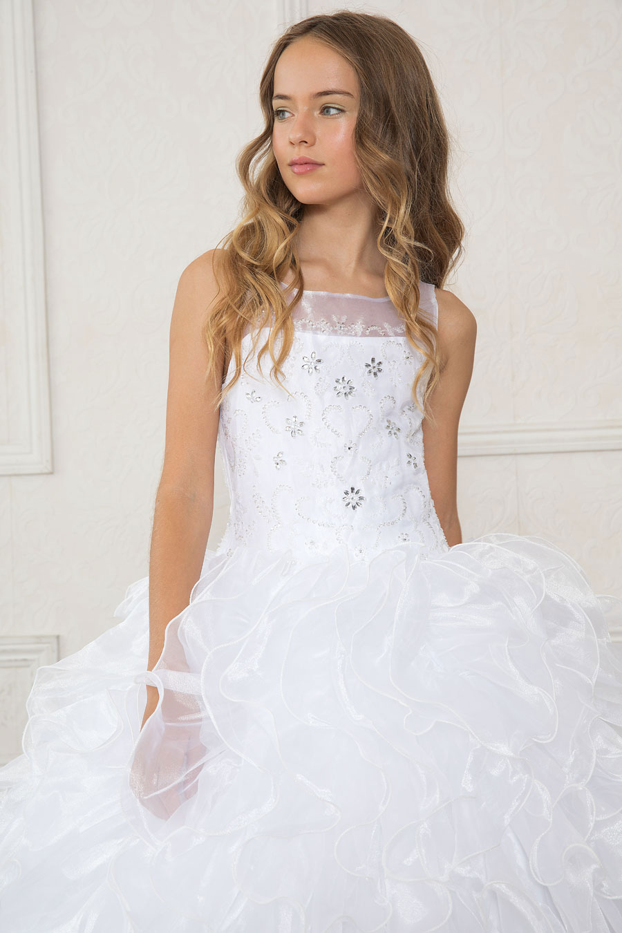 Girls Dress Style 0628218 White Floor-length Layers Bateau A-line Dress in Choice of Colour