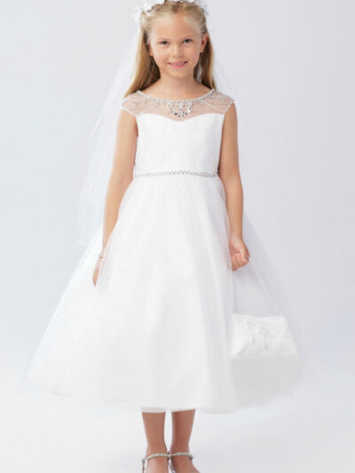 Girls Dress Style 063218 Ivory Tea-length Beading Bateau A-line Dress in Choice of Colour