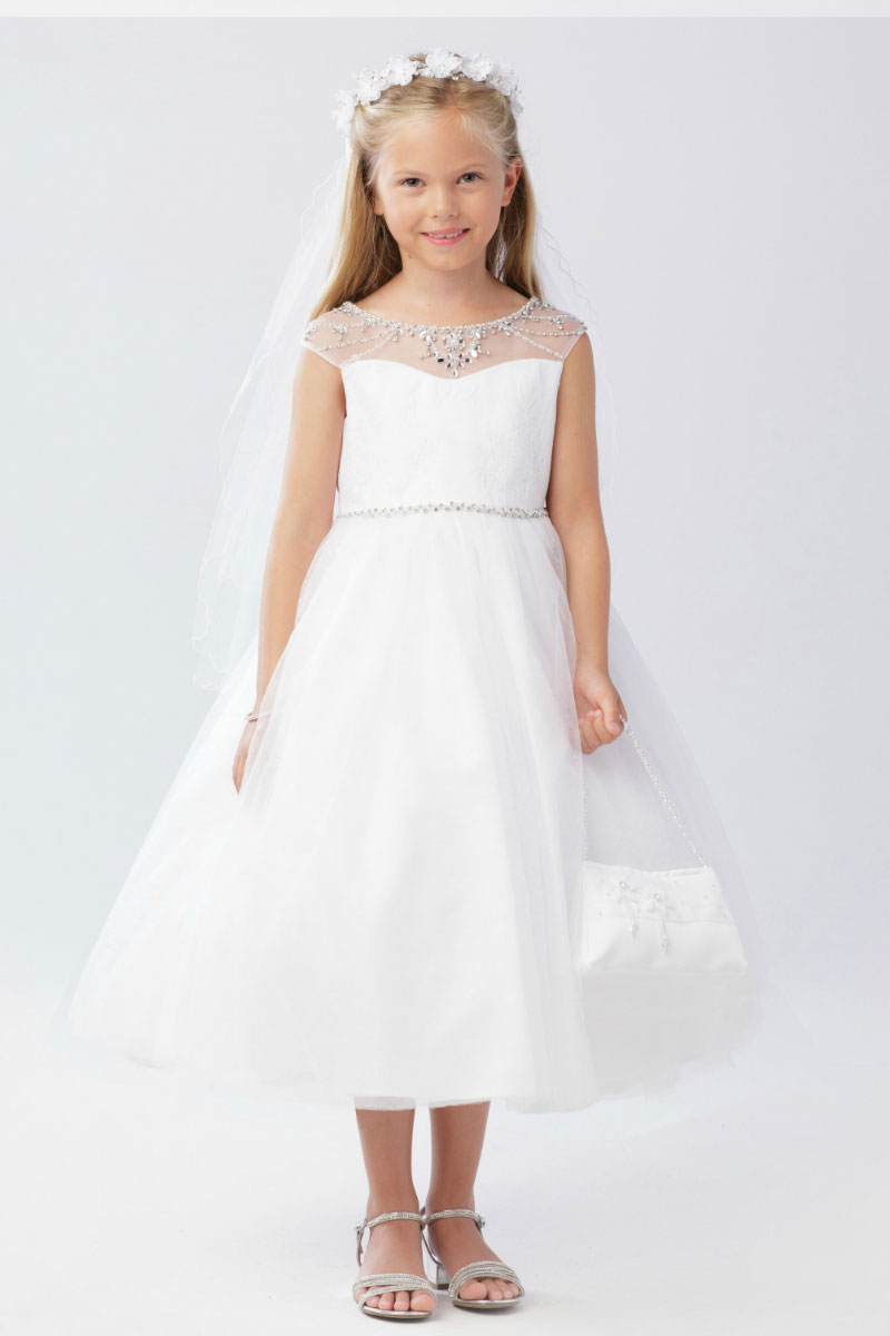 Girls Dress Style 063218 Ivory Tea-length Beading Bateau A-line Dress in Choice of Colour