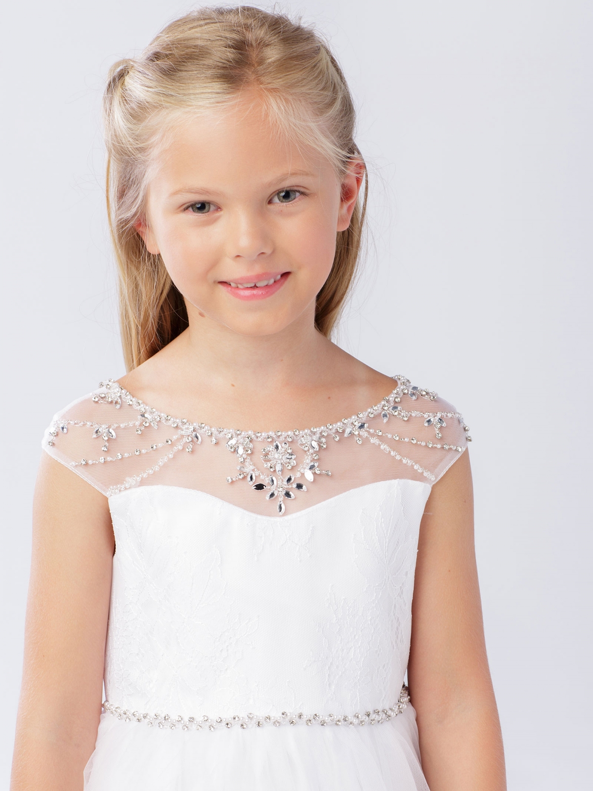 Girls Dress Style 063218 Ivory Tea-length Beading Bateau A-line Dress in Choice of Colour
