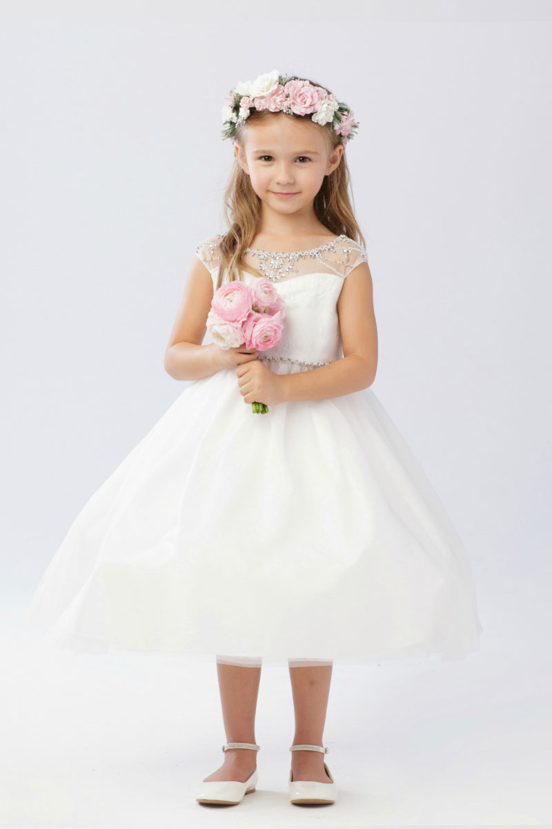Girls Dress Style 063218 Ivory Tea-length Beading Bateau A-line Dress in Choice of Colour