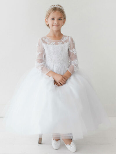 Girls Dress Style 063418 Ivory Floor-length Applique Bateau A-line Dress in Choice of Colour