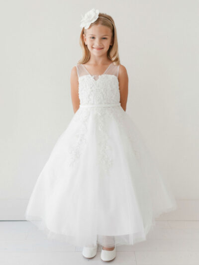 Girls Dress Style 063618 Ivory Floor-length Applique V-neck A-line Dress in Choice of Colour