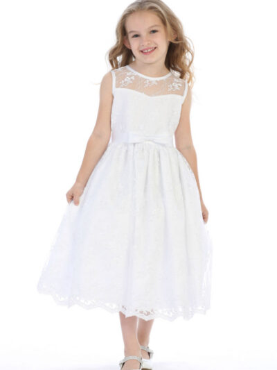 Girls Dress Style 063818 Ivory Tea-length Lace Bateau A-line Dress in Choice of Colour