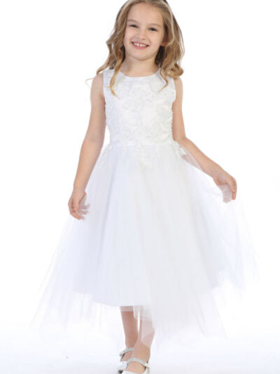 Girls Dress Style 063918 Ivory Tea-length Applique Bateau A-line Dress in Choice of Colour