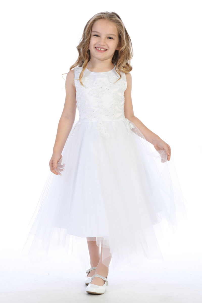 Girls Dress Style 063918 Ivory Tea-length Applique Bateau A-line Dress in Choice of Colour