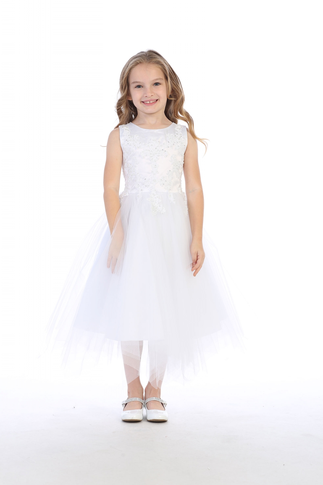 Girls Dress Style 063918 Ivory Tea-length Applique Bateau A-line Dress in Choice of Colour