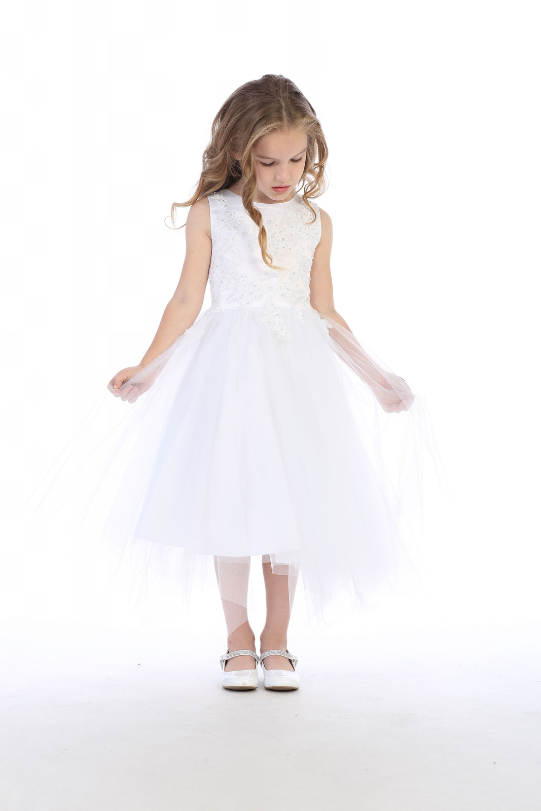 Girls Dress Style 063918 Ivory Tea-length Applique Bateau A-line Dress in Choice of Colour