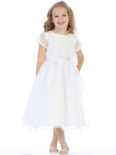 Girls Dress Style 064018 White Tea-length Lace Round A-line Dress in Choice of Colour