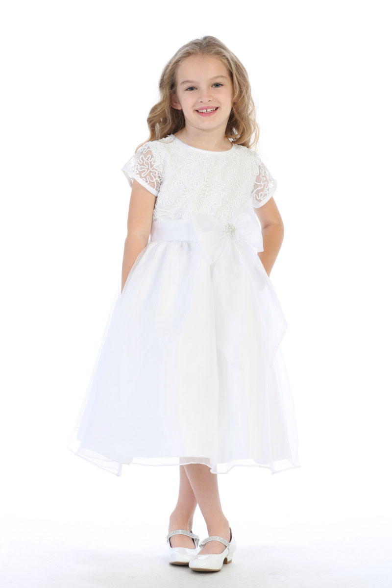 Girls Dress Style 064018 White Tea-length Lace Round A-line Dress in Choice of Colour