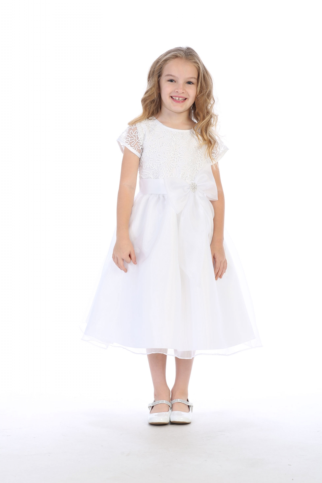 Girls Dress Style 064018 White Tea-length Lace Round A-line Dress in Choice of Colour