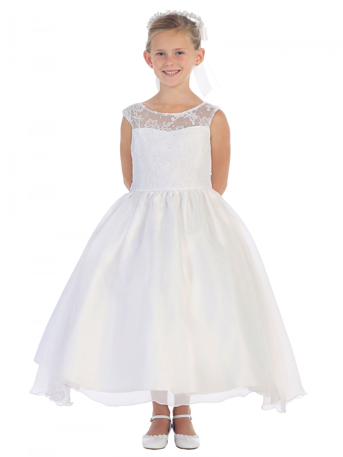 Girls Dress Style 064218 Ivory Ankle Length Lace Bateau A-line Dress in Choice of Colour