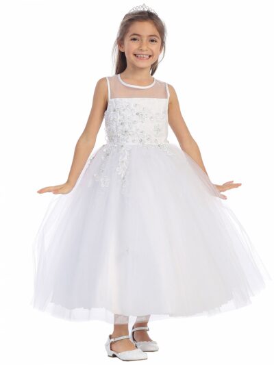Girls Dress Style 064318 White Ankle Length Applique Round A-line Dress in Choice of Colour