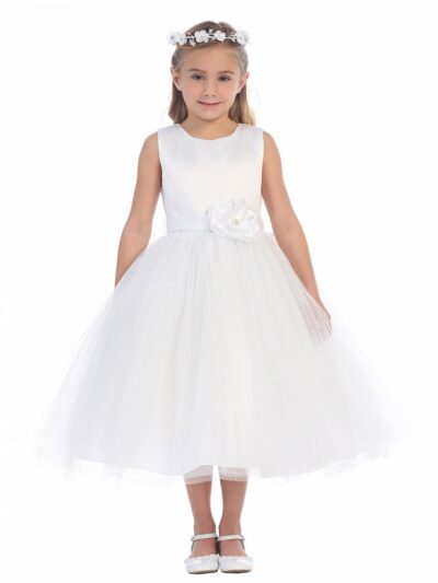 Girls Dress Style 064918 Ivory Tea-length hand Made Flower Bateau A-line Dress in Choice of Colour