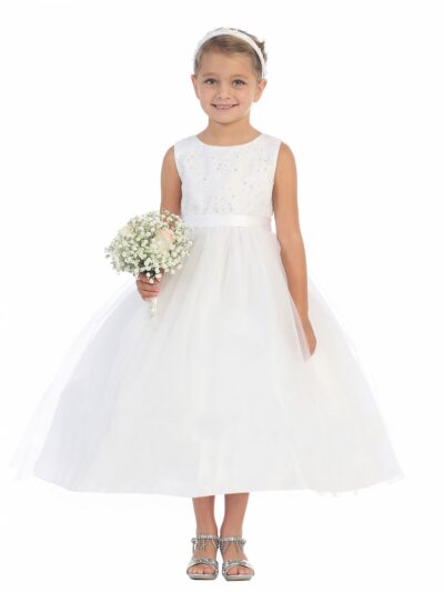 Girls Dress Style 065218 Ivory Tea-length Beading Bateau A-line Dress in Choice of Colour