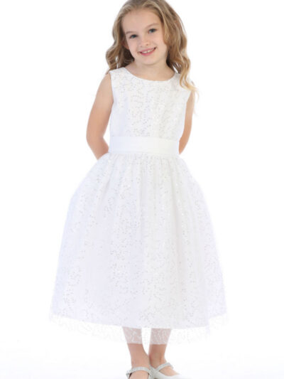 Girls Dress Style 065318 Ivory Tea-length Lace Round A-line Dress in Choice of Colour