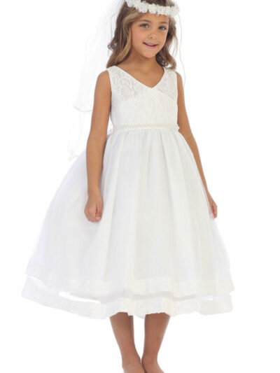 Girls Dress Style 065418 Ivory Tea-length Lace V-neck A-line Dress in Choice of Colour