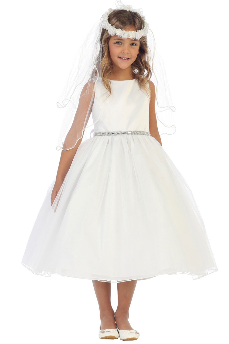 Girls Dress Style 065518 Ivory Tea-length Crystal Bateau A-line Dress in Choice of Colour