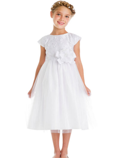 Girls Dress Style 065618 Ivory Tea-length hand Made Flower Round A-line Dress in Choice of Colour