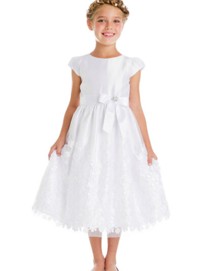 Girls Dress Style 066318 Ivory Tea-length Bowknot , Beading Bateau A-line Dress in Choice of Colour