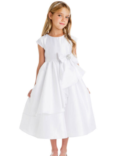 Girls Dress Style 066418 Ivory Tea-length Bowknot , Beading Bateau A-line Dress in Choice of Colour