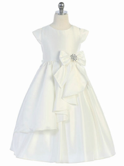 Girls Dress Style 066418 Ivory Tea-length Bowknot , Beading Bateau A-line Dress in Choice of Colour