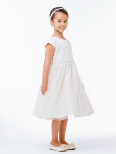 Girls Dress Style 066518 Ivory Tea-length Beading Round A-line Dress in Choice of Colour