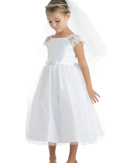 Girls Dress Style 066918 Ivory Tea-length Lace Bateau A-line Dress in Choice of Colour