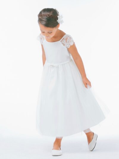 Girls Dress Style 066918 Ivory Tea-length Lace Bateau A-line Dress in Choice of Colour