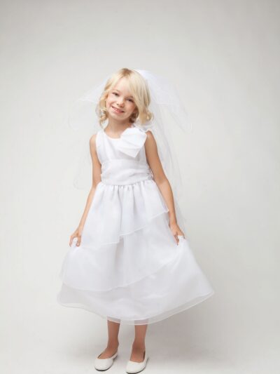 Girls Dress Style 067218 White Tea-length Tiered Round A-line Dress in Choice of Colour