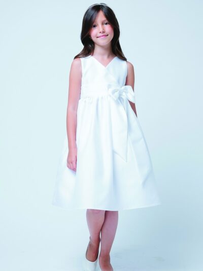 Girls Dress Style 068718 Ivory Knee-Length Bowknot V-neck A-line Dress in Choice of Colour