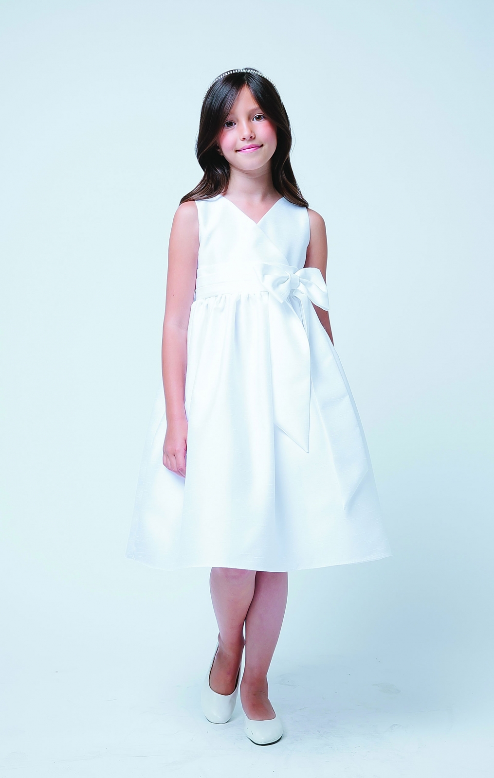Girls Dress Style 068718 Ivory Knee-Length Bowknot V-neck A-line Dress in Choice of Colour