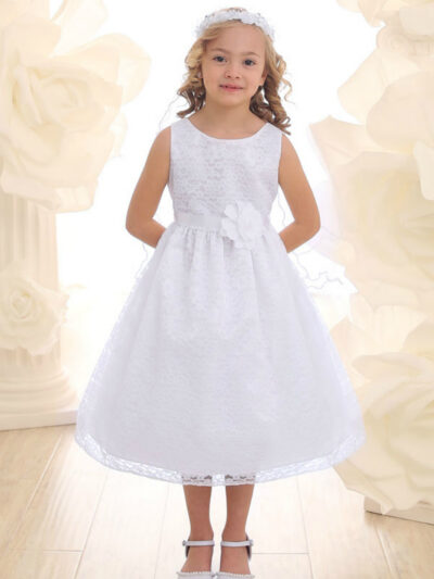 Girls Dress Style 069018 White Tea-length hand Made Flower Bateau A-line Dress in Choice of Colour